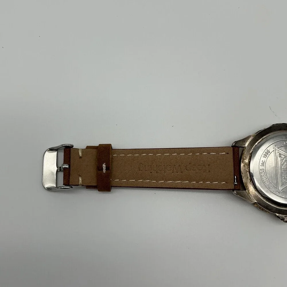 Vintage Guess Mens Watch 38mm White Dial Brown Leather Moonphase New Battery